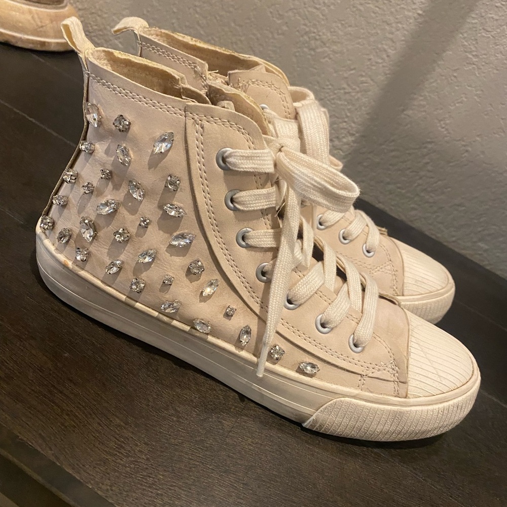 Zara Girls Hightop Lace-Up Side Zip Tennis Shoes w/Rhinestones Cream Color Cute!